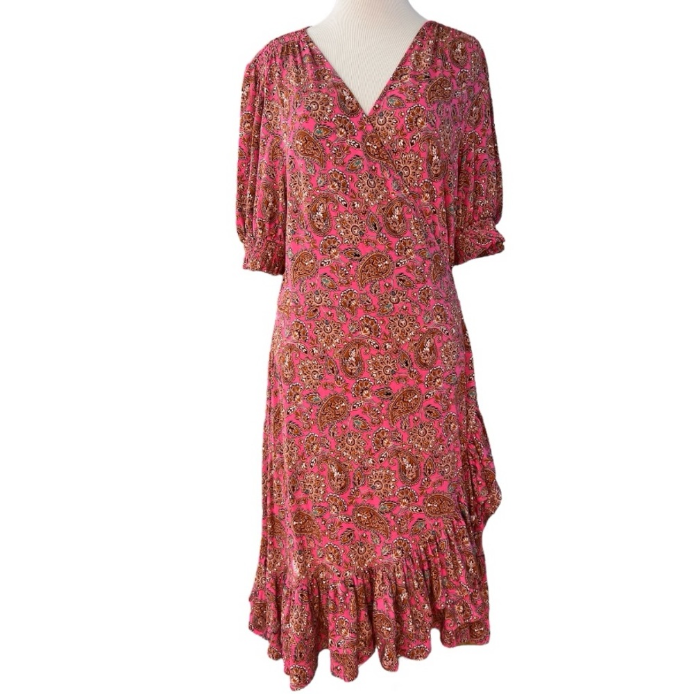 Boden Holiday Ruffle Wrap Paisley Dress, Size 12, NWT